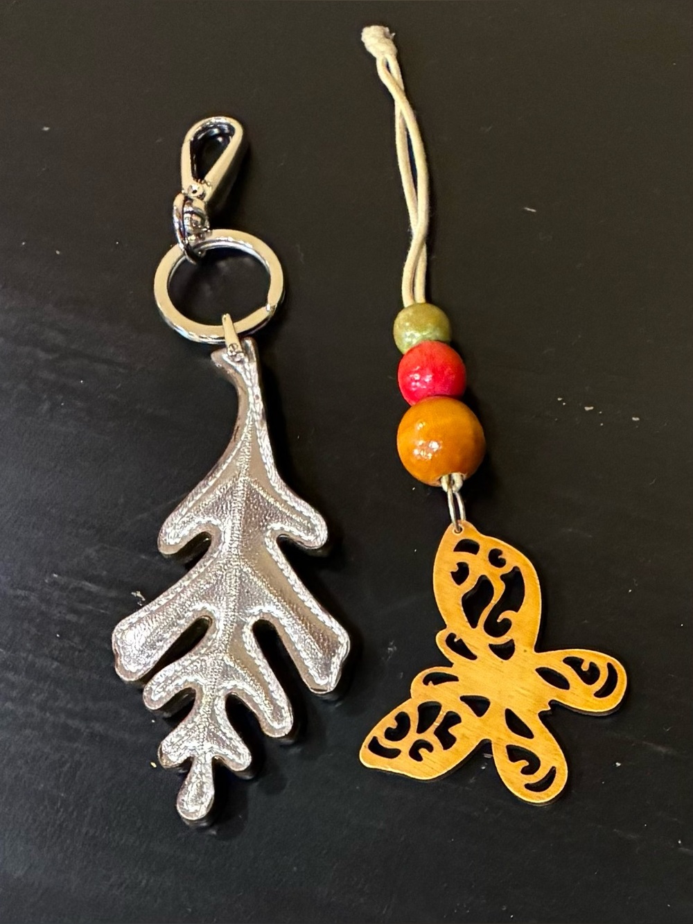 Bag Charms Lot of 2 Silver Metalic Leaf & Wooden Butterfly with beads